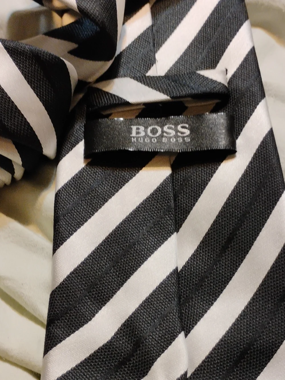 BOSS Black and White Diagonal Stripe Silk Tie